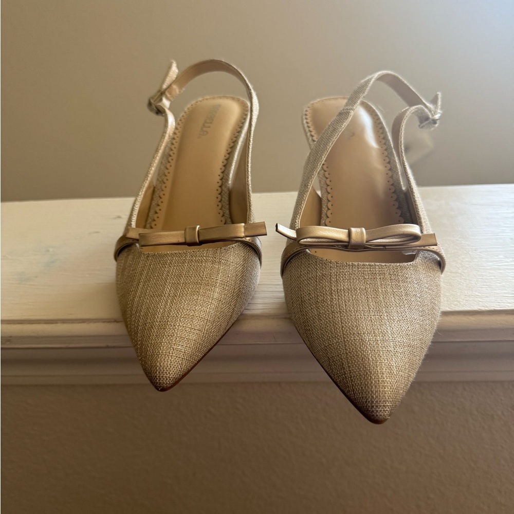 Marbella Beige Neutral Kitten Heel Sling Backs Bow Size 9 NEW - Picture 2 of 7